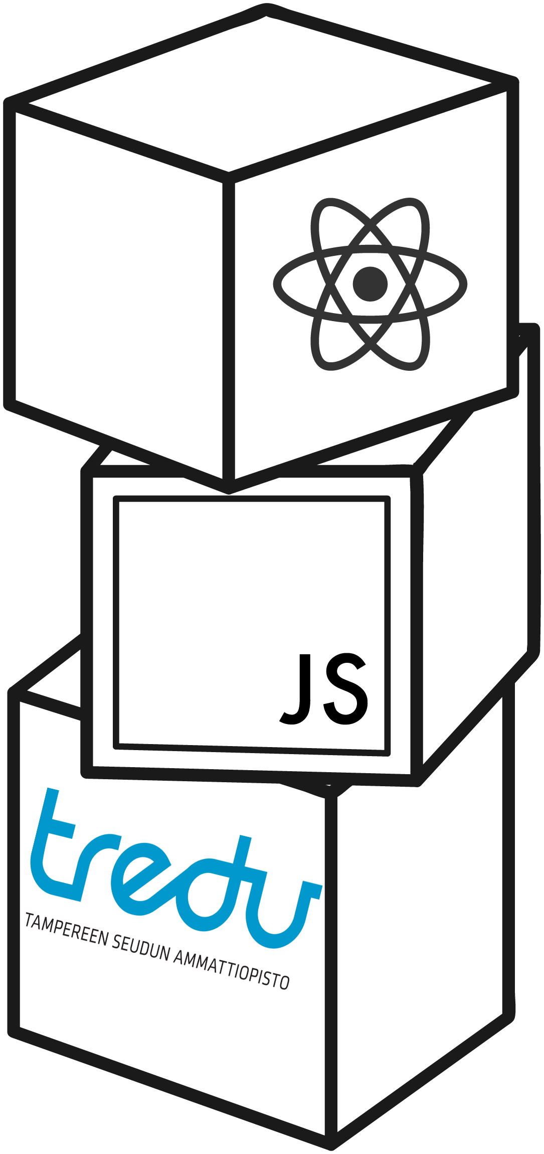 Stacked cubes with React logo and JavaScript text